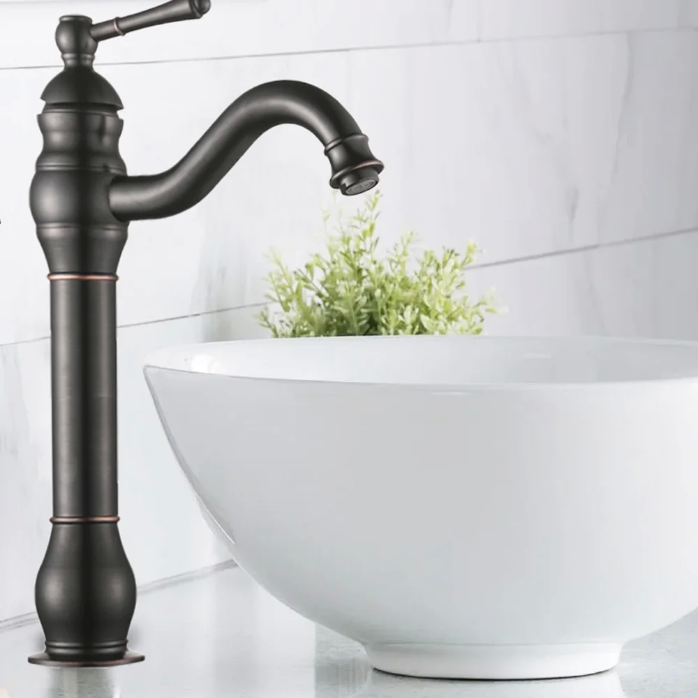 Cms Retro Siyah Çanak Lavabo Bataryası Pirinç Gövde Yüksek Model Antik Lavabo Musluğu Siyah
