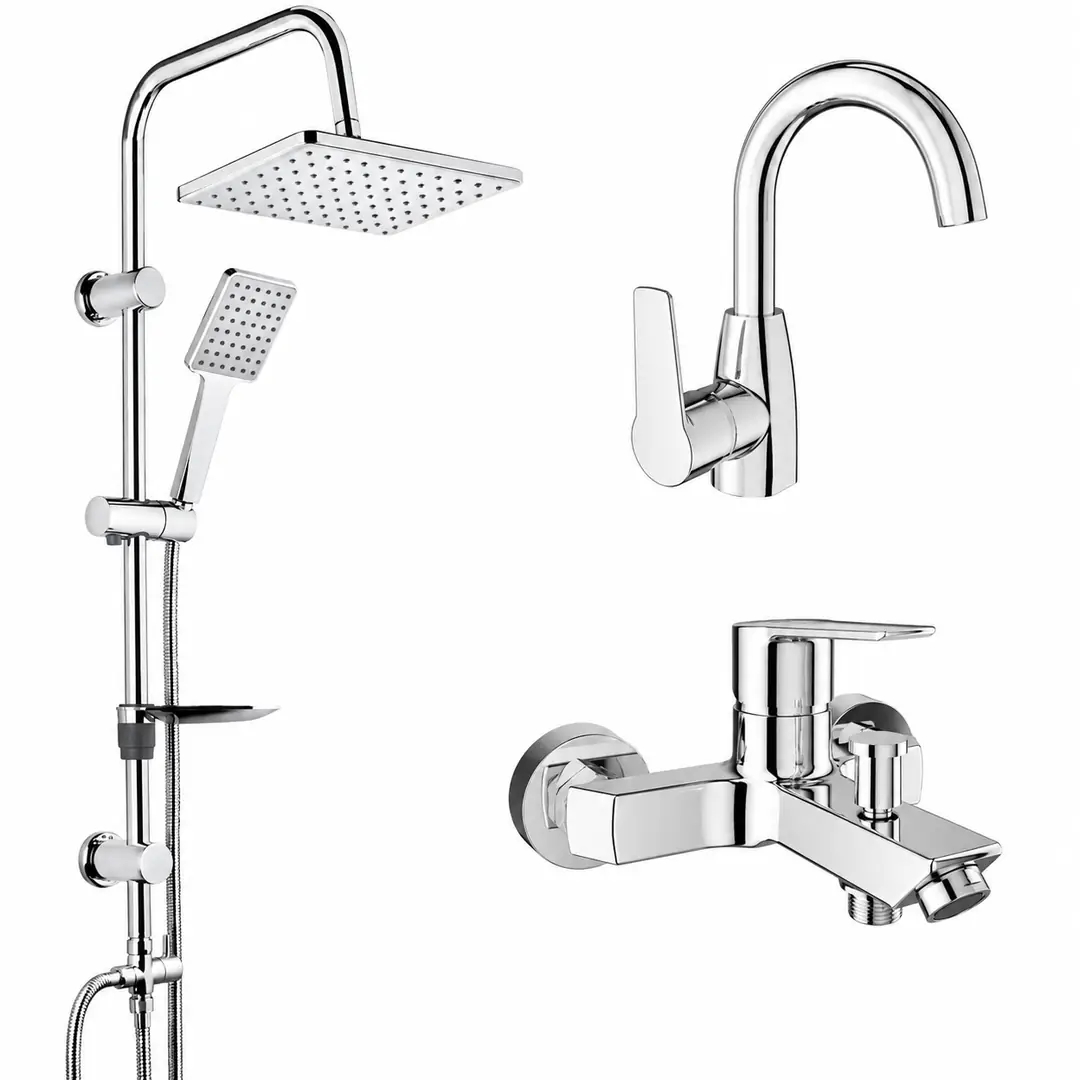 Kale Mare Banyo Bataryası, Döner Borulu Lavabo Bataryası ve Tema 53242 Rain Carismo Duş Seti