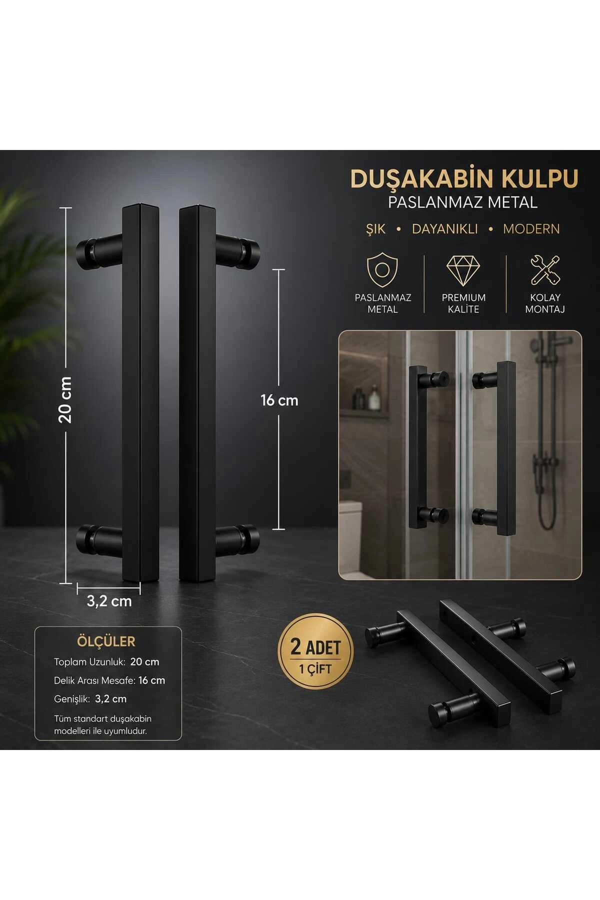 QuarVit Siyah Lüx Metal Paslanmaz Cam Duşakabin Kulp (16 cm Uyumlu)