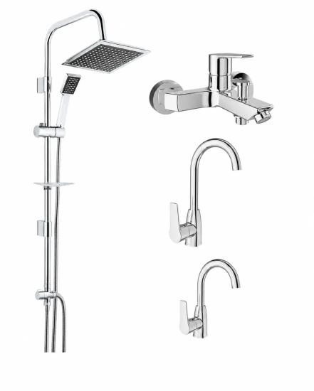 KALE Mare Banyo, Döner Lavabo ve Mutfak Bataryası Seti & TEMA 53260 Rain Quadro Tepe Duş Sistemi