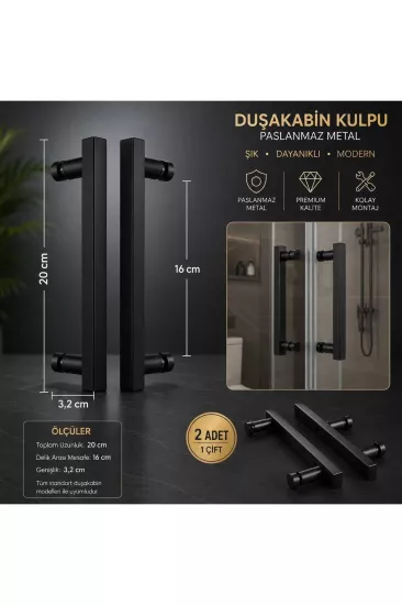 QuarVit Siyah Lüx Metal Paslanmaz Cam Duşakabin Kulp (16 cm Uyumlu)