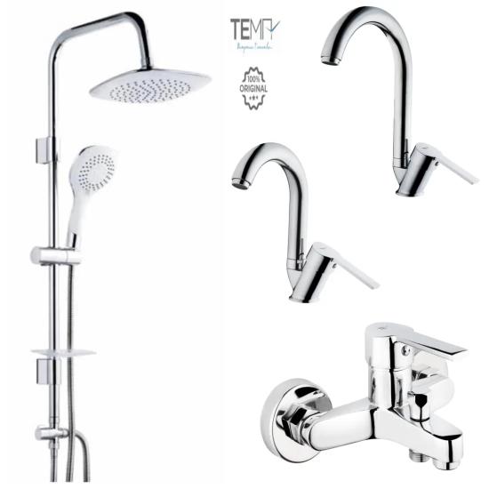 Tema Flora Banyo, Lavabo ve Mutfak Bataryası + Tema 53270 Rain Bianco Tepe Duş Seti